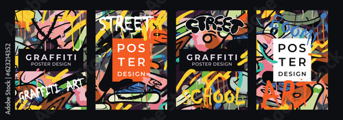 Set of posters graffiti style. Vector drawing poster template in dark colors  wall art  poster  banner  flyer. Design elements.