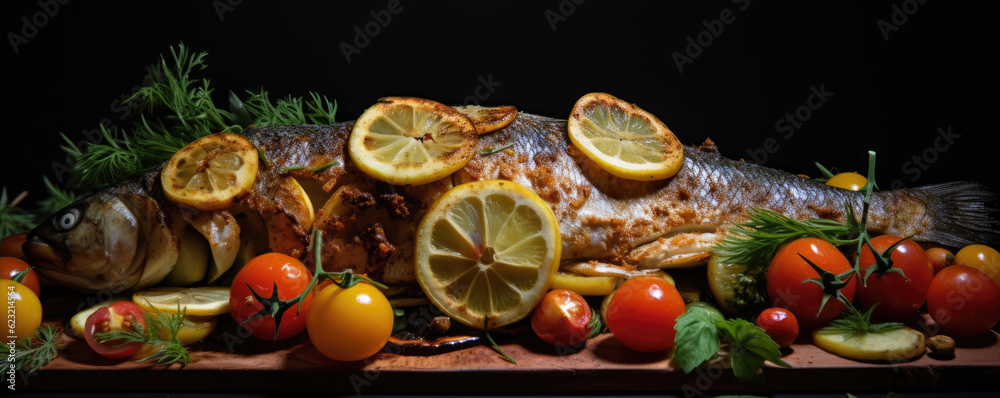 traditional fried fish with vegetable and lemon side view on dark plate.