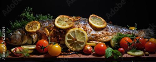 traditional fried fish with vegetable and lemon side view on dark plate.