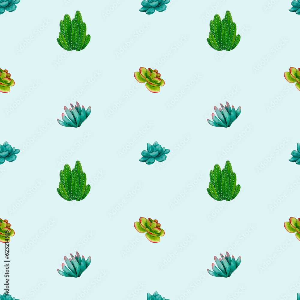 Seamless pattern with cacti and succulents on a blue background. Watercolor botanical ornament for cards, packaging, wrapping, stationery, fabric, textile. Festive, Birthday, anniversary design.