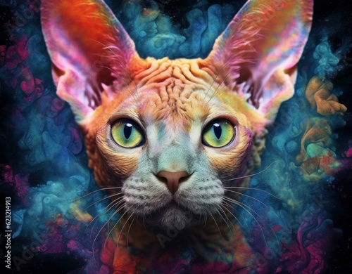 Multi coloured illustration art, the head of a devon rex cat painted with with splashes and splatters of paint. Generative AI © happy_finch