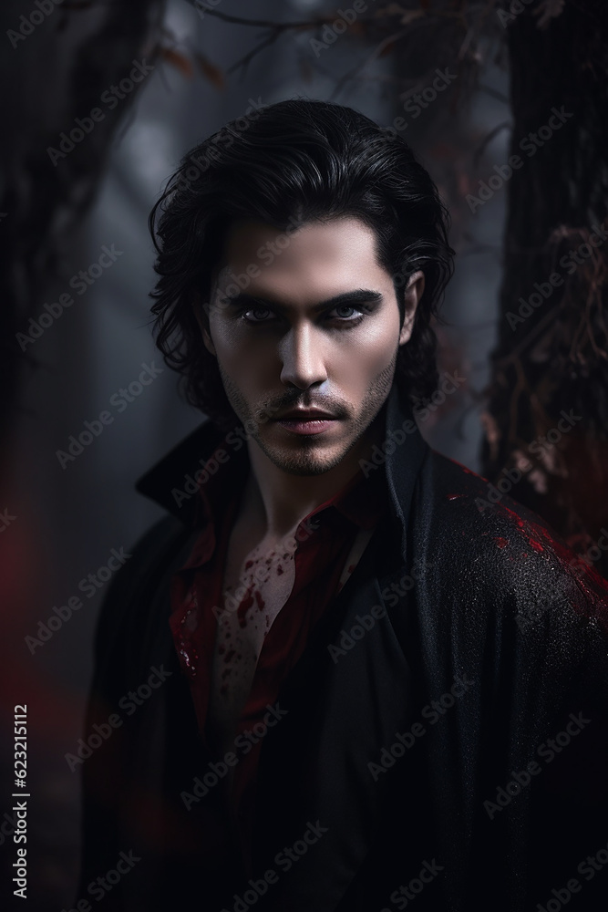 Portrait of a handsome male vampire with black hair and a nice body, Generative AI Portrait of a handsome male vampire with black hair and a nice body, Generative AI