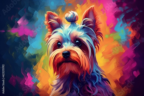 Bright abstract art - portrait of a yorkshire terrier dog painted with splashes and splatters of paint. Generative AI photo