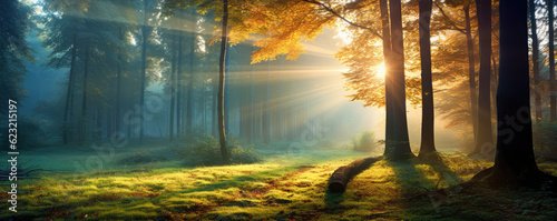 Beautifull autumn forest in sunset light. wide banner