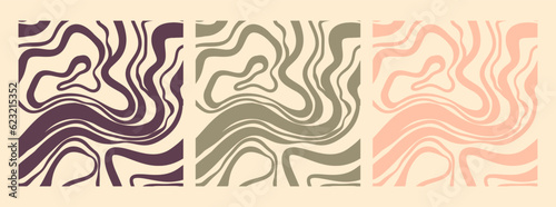 Trippy 1970s seamless pattern. Abstract optical illusion. Psychedelic waves. Wood texture, marble pattern. Drawn by hand.
