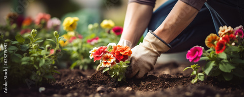 Gardener planting flowers in the beautiful garden, Detail on hands. wide banner. © Michal