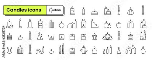 Set of editable icons: candles (candle, candles, soy, soywax, wax, flame, candlestick, chandelier, jar, candle art, fire, light, torch, soy candles) (ID: 623215729)