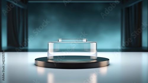 Empty round glass podium in room with curtains. 3D Rendering