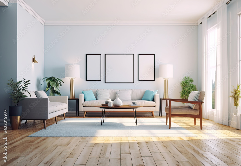 Fototapeta premium interior with blank picture frame, pastel color background