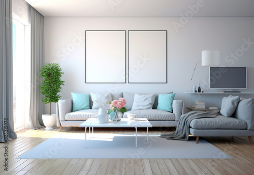 interior with blank picture frame, pastel color background