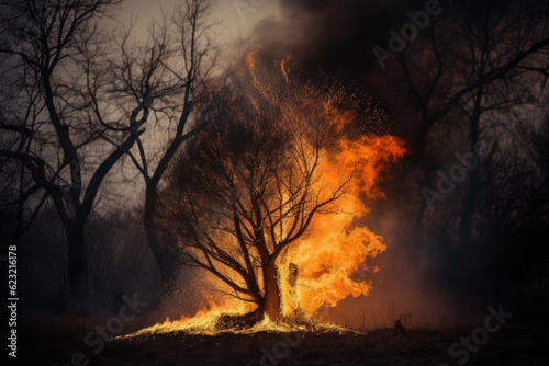 Dramatic burning tree silhouetted against a vibrant sky creates an intense scene of natural disaster is AI Generative. © sorapop