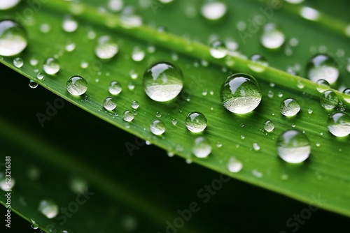 Many drops of water drop on banana leaves 