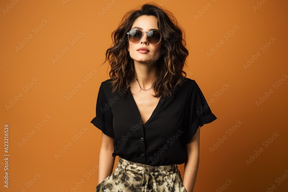 Fototapeta premium Portrait of a beautiful fictional woman. Brunette model wearing sunglasses. Grunge chic style. Isolated on a plain colored background. Generative AI illustration.