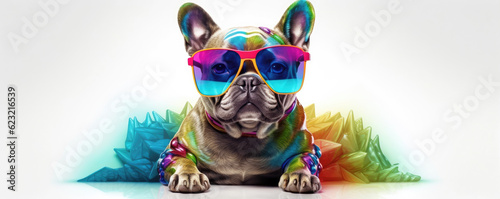 Cool dog head with sunnglases on white background. happy color wide photo.