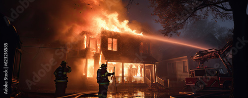 Fireman with hose in action. The house is on fire background