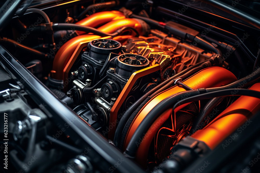 Supercar engine on dark background. Close-up view. Supercar engine on dark background. Close-up view.