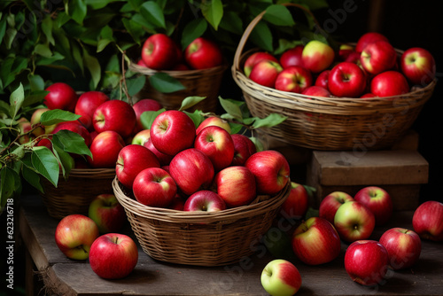 Apple harvest, baskets with red apples. High quality photo