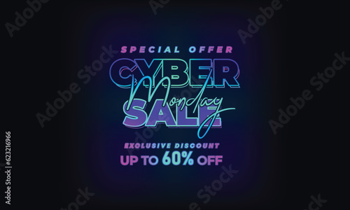 Cyber Monday Colorful Neon Style Super Sale Web Banner. Cyber Monday Sale Special Offer Social Media Post Design. Business, Promotion, and Advertising Vector Template. Seasonal Offers Mega Big Sale