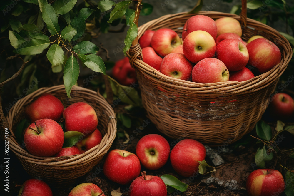 Apple harvest, baskets with red apples. High quality photo Apple harvest, baskets with red apples. High quality photo