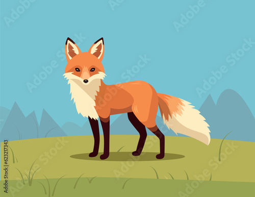 Standing fox isolated on nature. Body side view, head in full face. stock vector illustration. forest animal.