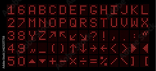 Latin letters, numbers, punctuation and spelling marks in the form of an electronic scoreboard in red glow