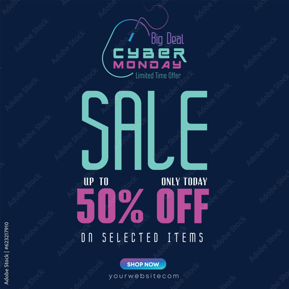 Fototapeta premium Cyber Monday Colorful Neon Style Super Sale Web Banner. Cyber Monday Sale Special Offer Social Media Post Design. Business, Promotion, and Advertising Vector Template. Seasonal Offers Mega Big Sale
