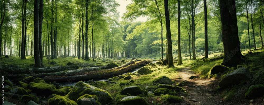 Fototapeta premium Natural Forest of Trees in green nature, copy space for text, wide banner