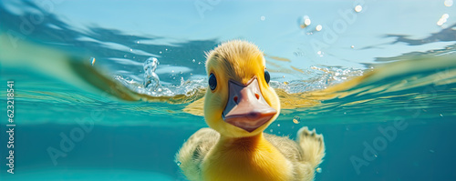 Foto Photo of rubber duck swimming in clear blue water.
