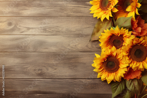 Sunflowers on the wooden background, flat lay, autumn banner. High quality photo