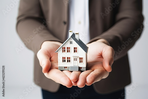 Man holding house model in his hands. Mortgage, home loan, real estate insurance and banking concept. Generative AI