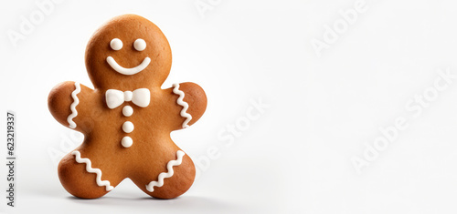 Holiday gingerbread man cookie isolated on white background. Cookie in shape of man with colored icing. Happy new year decoration. Merry christmas holiday. New year and xmas celebration. Generative ai