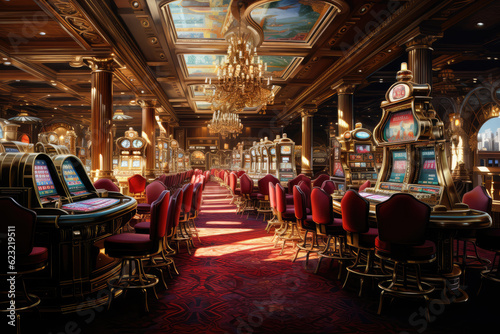 realistic and beautiful image inside an illuminated casino, hyperrealistic photography, ai generated.