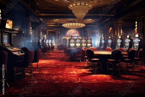 realistic and beautiful image inside an illuminated casino, hyperrealistic photography, ai generated.