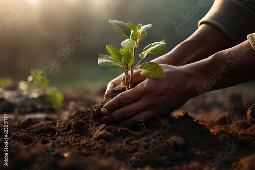 Young man is planting a tree. Gardening as a means of escaping from the hustle and bustle of life in the big city.