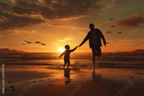 Fototapeta photo of a father and son playing on the beach, sunset, father's day, ai generated