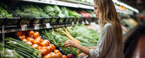 Young woman on the market near vegetable shelves. wide banner