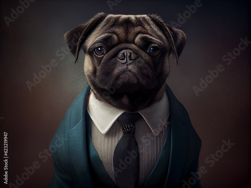Portrait of a bulldog dog in an office suit and on an isolated dark background. Generative AI