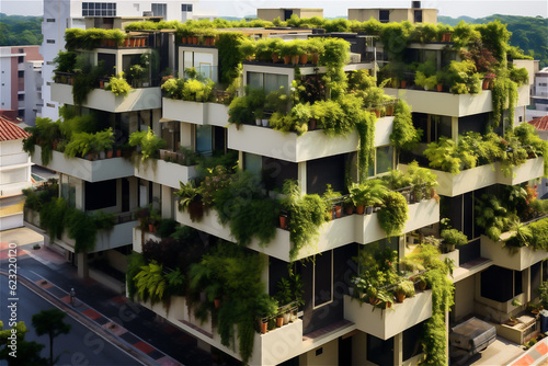 Modern city houses with lots of greenery on the roofs and balconies, the concept of green city and ecological future