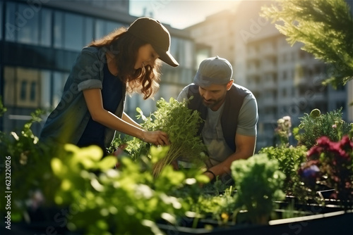 Young couple working in the roof garden in the modern big city