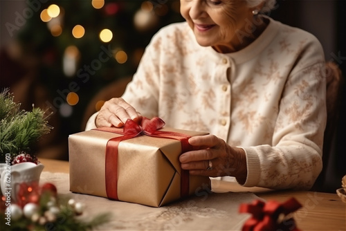 Elderly woman pack gifts for christmas, decorate surprise box with red ribbon