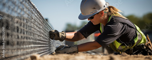 Worker fastening or repair metal mesh fence with hands.