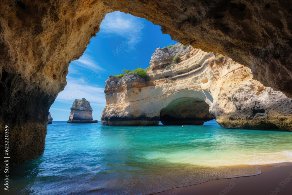 Naklejka premium Grutas de Benagil, Portugal, hyperrealistic photography, ai generated