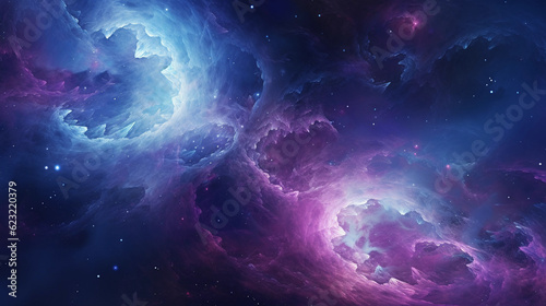 Abstract swirling nebula in vibrant shades of purple and blue, filled with countless twinkling stars, evoking a sense of cosmic wonder. Realistic space texture, long exposure, deep space shot with a H