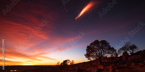 Comet streaking across a star - filled night sky, trailing fiery hues behind, dynamic, awe - inspiring, night landscape