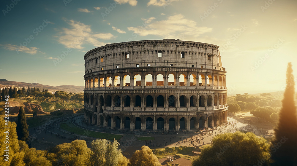 Incredible aerial shot of the Roman Colosseum, high contrast, stunning sunrise light casting long shadows, intricate detailing of the ancient ruins