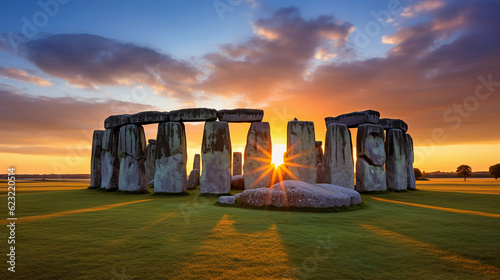 Stonehenge at sunset, dramatic colors in the sky, ancient stones casting long shadows on the ground