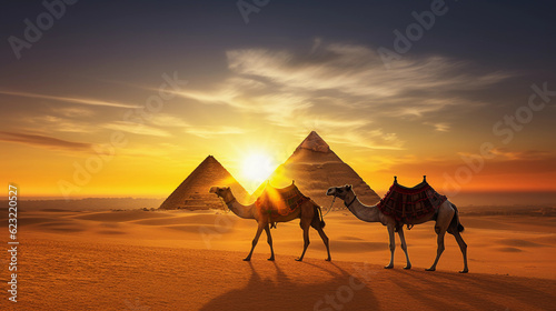 Pyramids of Giza during sunset  ancient structures highlighted by the golden hue  with camels crossing the scene  shadows stretched long over the sand