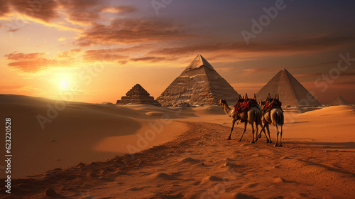Pyramids of Giza during sunset, ancient structures highlighted by the golden hue, with camels crossing the scene, shadows stretched long over the sand © Marco Attano