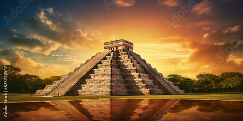 view of the ancient Mayan Pyramid of Kukulkan at Chichen Itza, strong side lighting, warm sunset tones