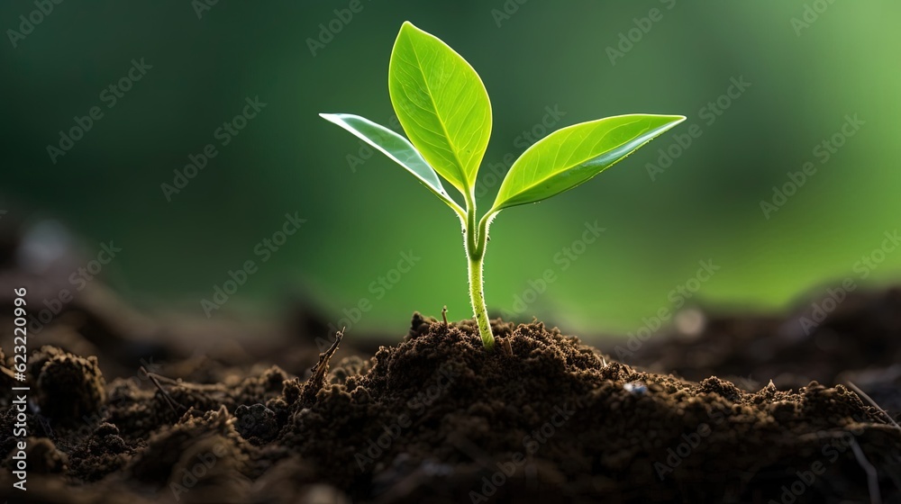 Young green plant in soil, ecological background. Created with Generative Ai technology. Young green plant in soil, ecological background. Created with Generative Ai technology.
